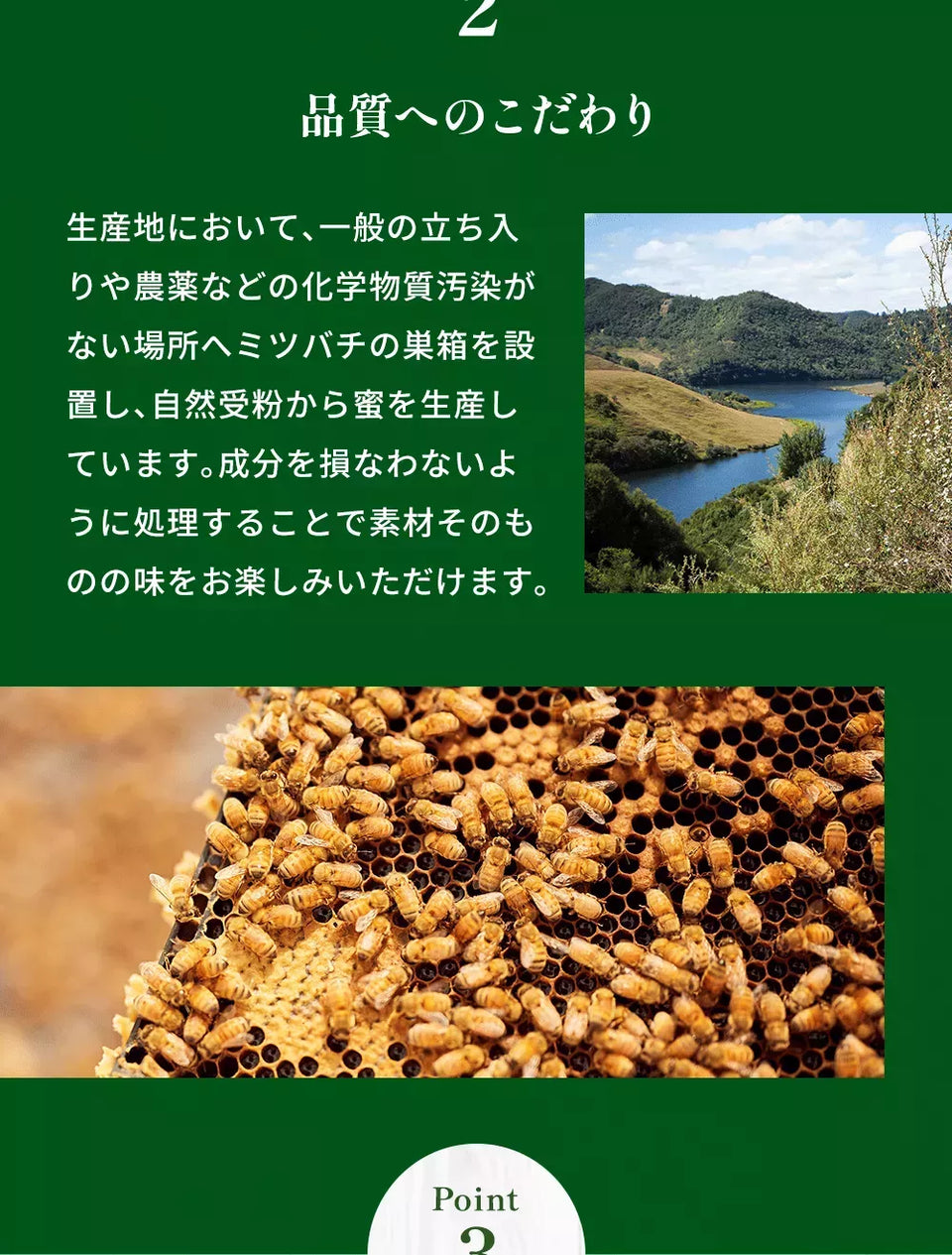 Point 2 品質へのこだわり 生産地において、一般の立ち入りや農薬などの化学物質汚染がない場所へミツバチの巣箱を設置し、自然受粉から蜜を生産しています。成分を損なわないように処理することで素材そのものの味をお楽しみいただけます。