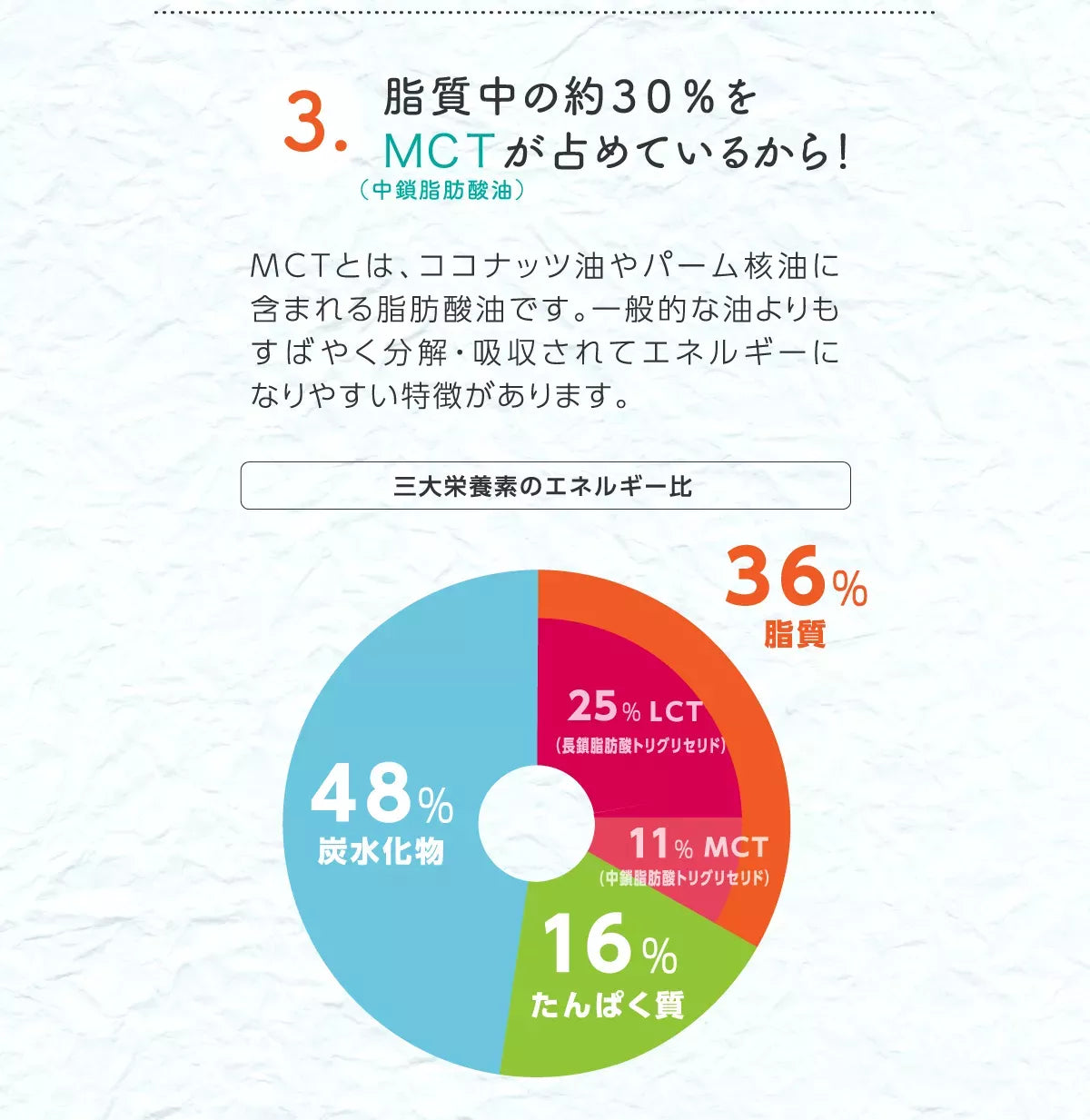 3.脂質中の約30%をMCT（中鎖脂肪酸）が占めているから！