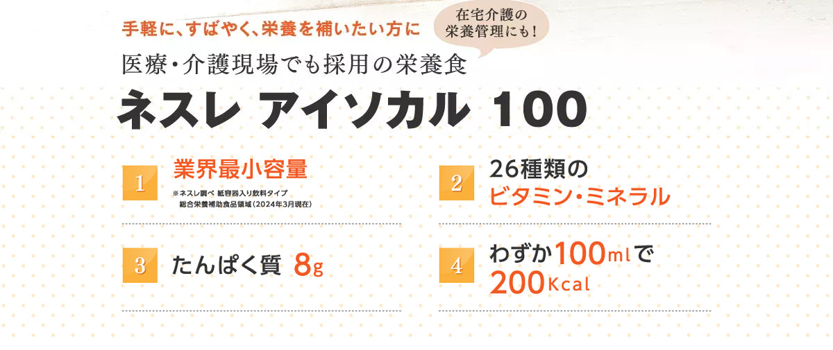 業界最小容量、26種類のビタミン・ミネラル、タンパク質8g、わずか100mlで200kcal