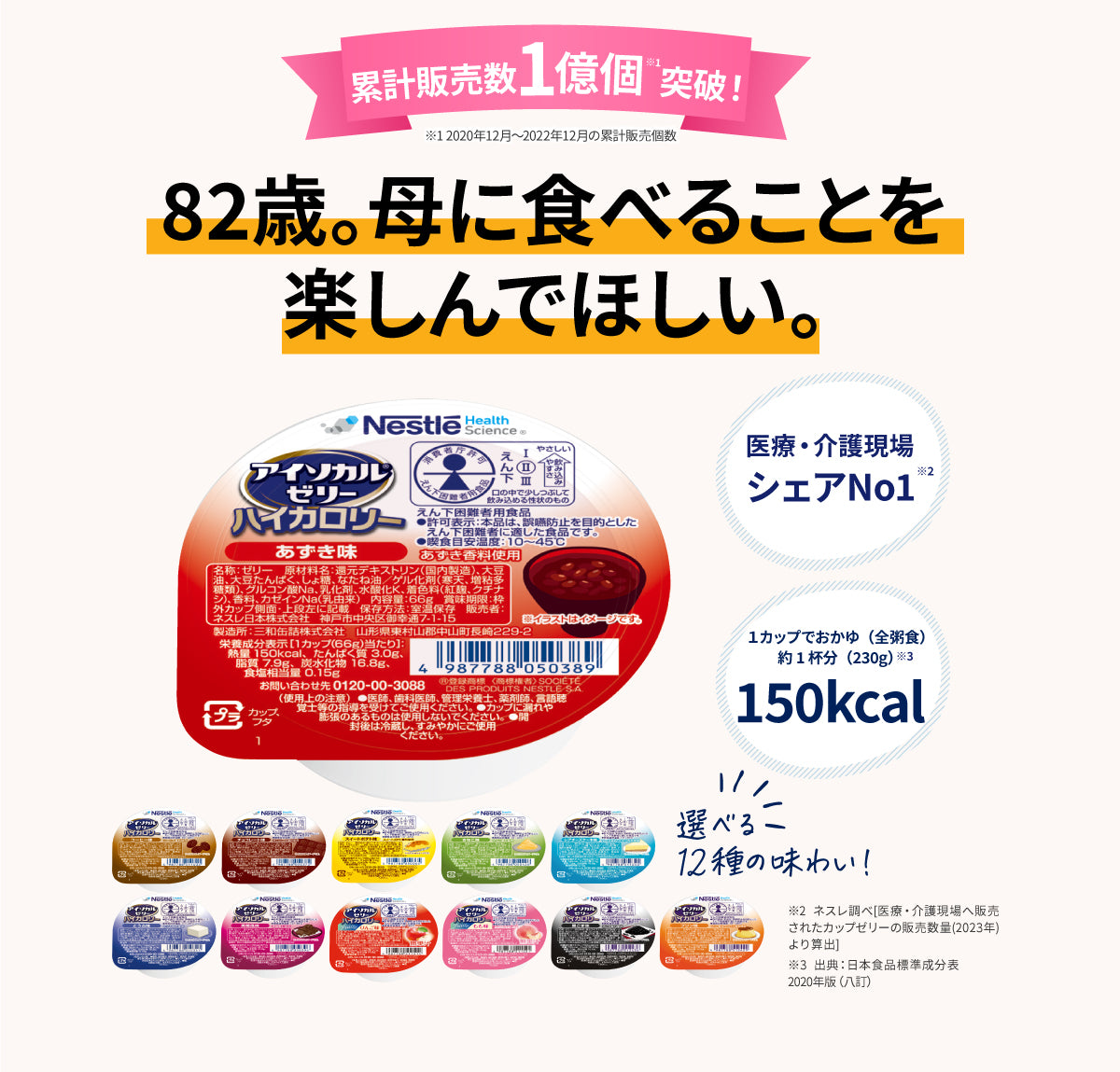 医療・介護現場への販売個数No１ 82歳。母に食べることを楽しんでほしい。医療介護現場シェアNo.1、１カップでおかゆ（全粥食）約１杯分150kcal、1食あたり124円