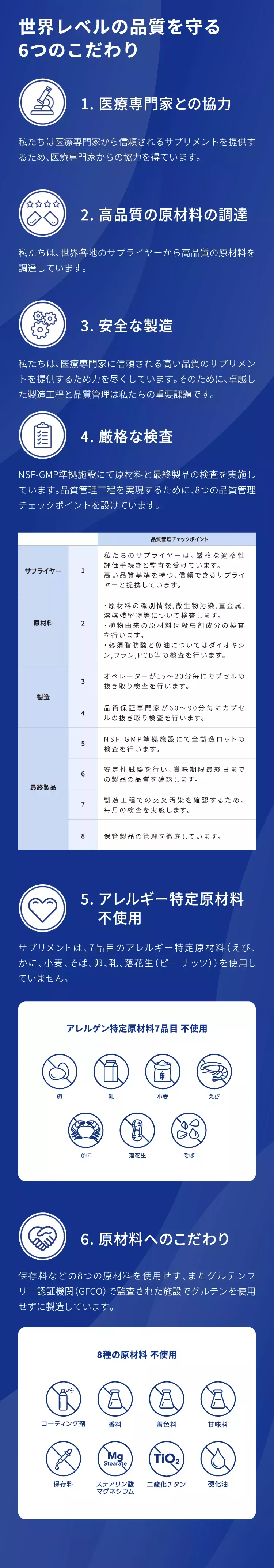 世界レベルの品質を守る6つのこだわり 1.医療専門家との協力 2.高品質の原材料の調達 3.安全な製造 4.厳格な検査 5.アレルギー特定原材料不使用 6.原材料へのこだわり