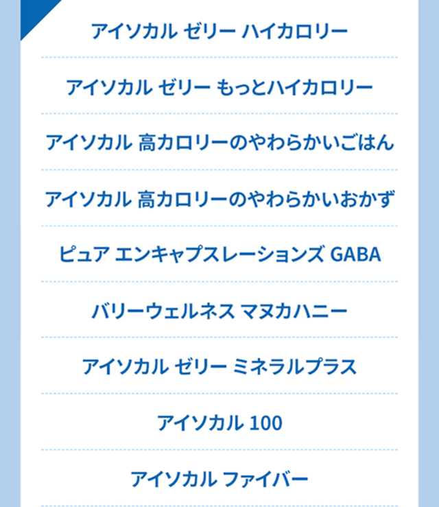アイソカル ゼリー ハイカロリー　アイソカル ゼリー もっとハイカロリー　アイソカル 高カロリーのやわらかいごはん　アイソカル 高カロリーのやわらかいおかず　ピュア エンキャプスレーションズ GABA　バリーウェルネス マヌカハニー　アイソカルゼリーミネラルプラス　アイソカル 100　アイソカルファイバー
