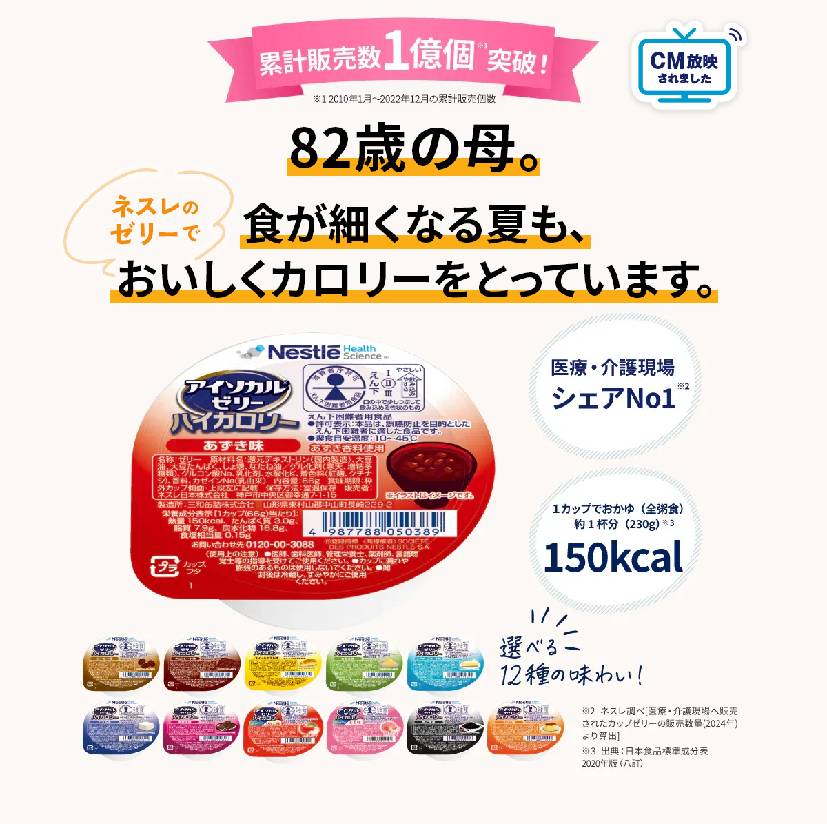 医療・介護現場への販売個数No１ 82歳。母に食べることを楽しんでほしい。医療介護現場シェアNo.1、１カップでおかゆ（全粥食）約１杯分150kcal、1食あたり124円